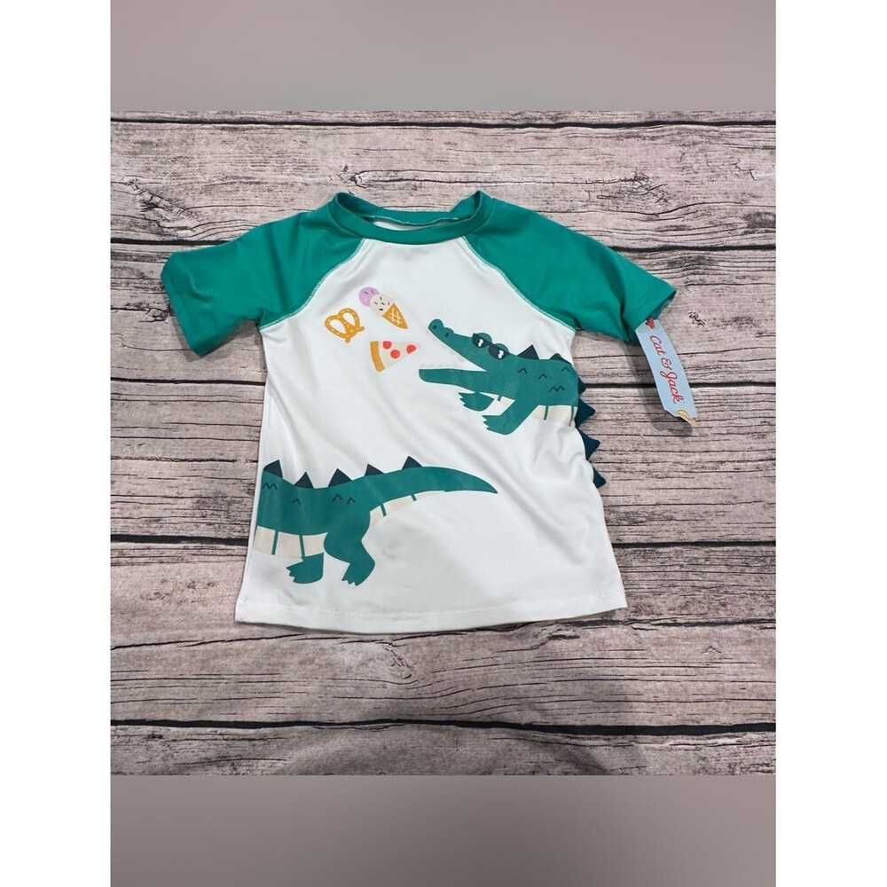 NWT Cat & Jack Teal and White Crocodile Short Sleeve Rash Guard Size 2t